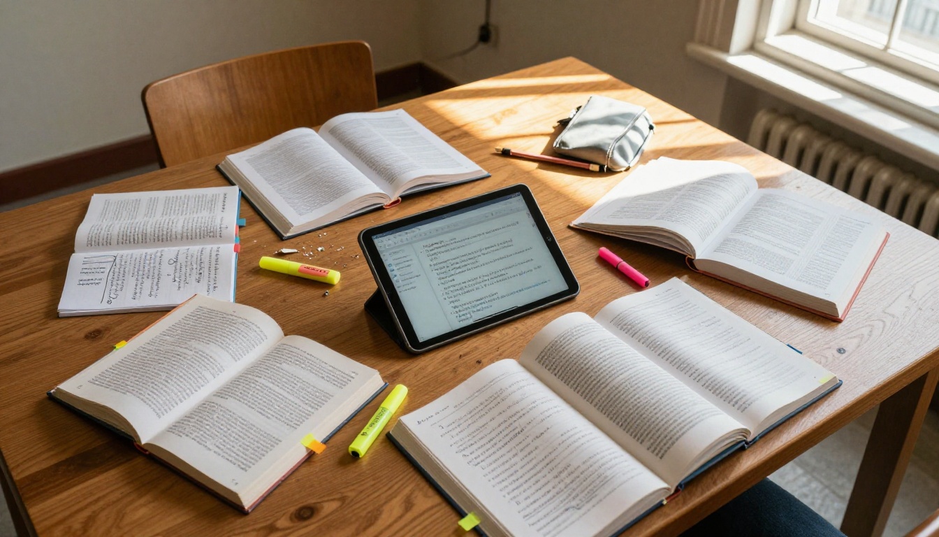 Student at university library surrounded by open textbooks and tablet showing an AI summarization tool
