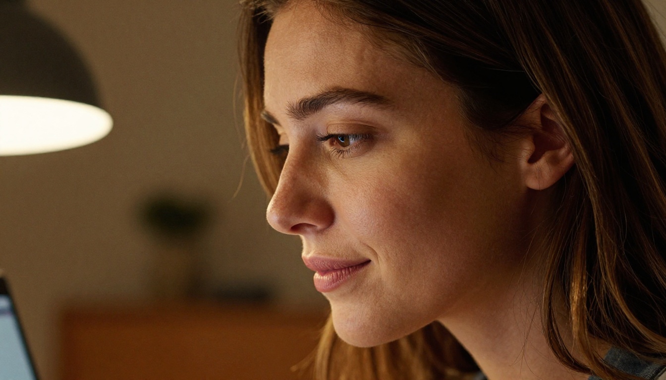 Close-up portrait of woman showing quiet satisfaction and relief while looking at a laptop screen