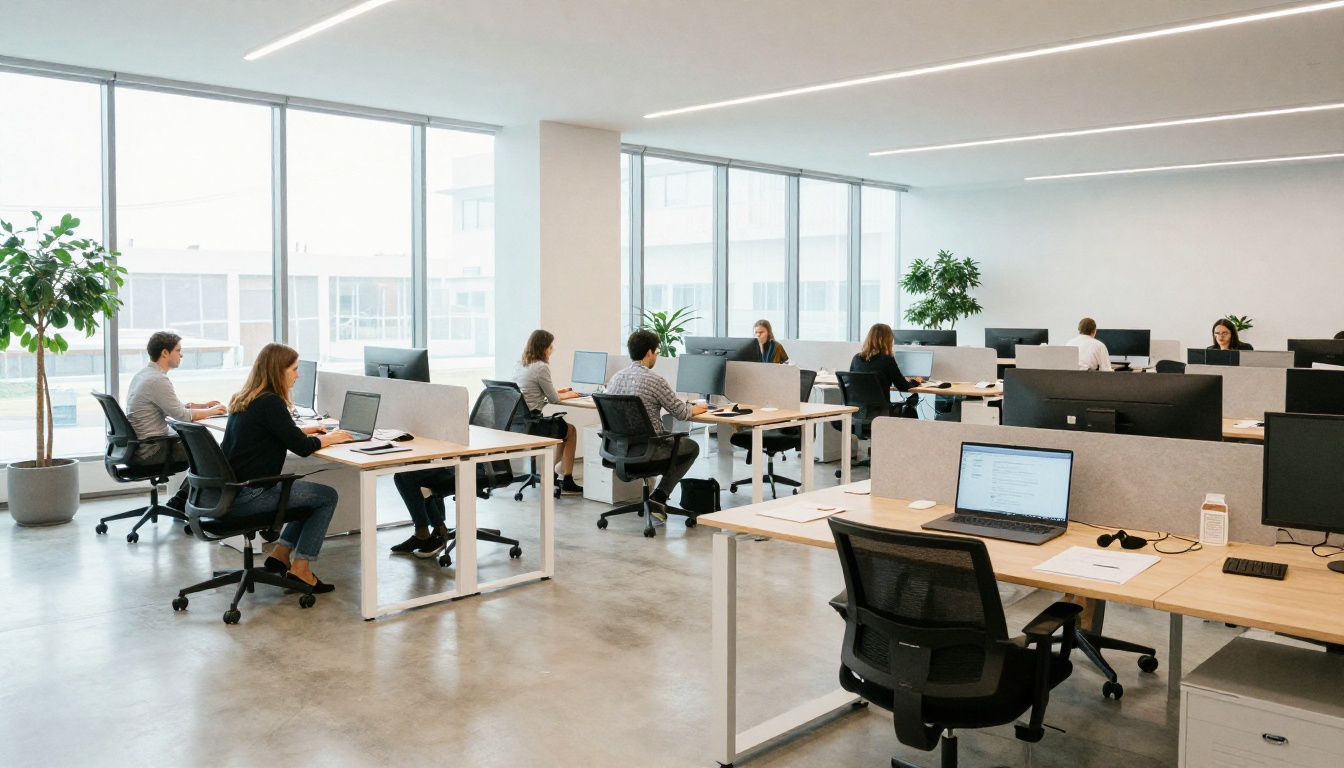 Wide-angle view of a modern open-plan office with employees working calmly at individual desks by large floor-to-ceiling windows