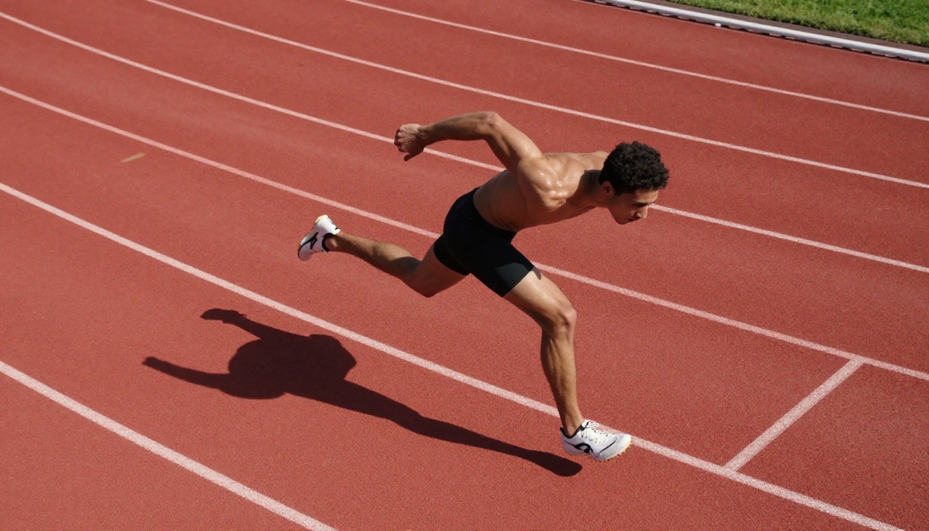 Aerial view of athlete sprinting on a running track captured mid-stride