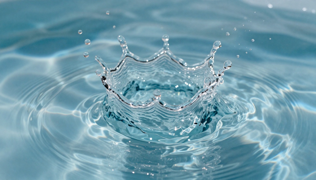 Water droplet splash frozen mid-air showing crystalline structure and light refractions