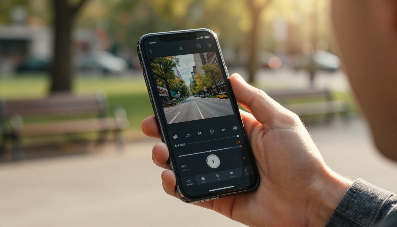 Smartphone showing AI video editing app with cinematic color grade applied to a city street scene