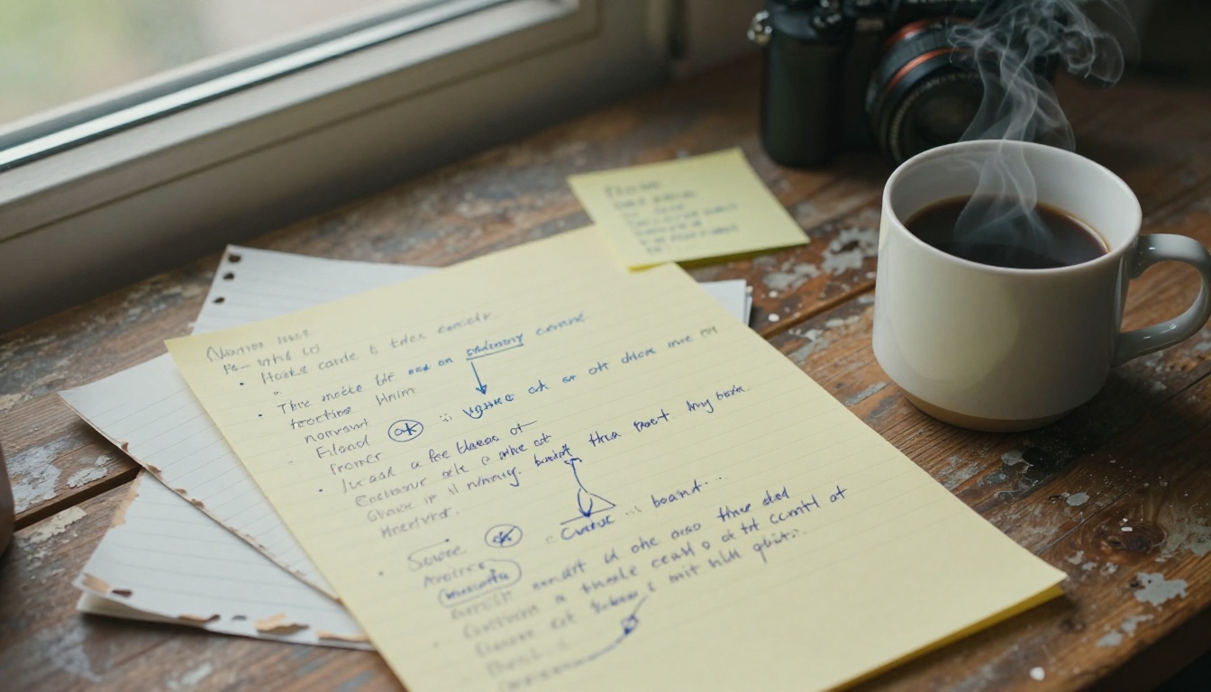 Handwritten notes on a desk with a coffee cup nearby