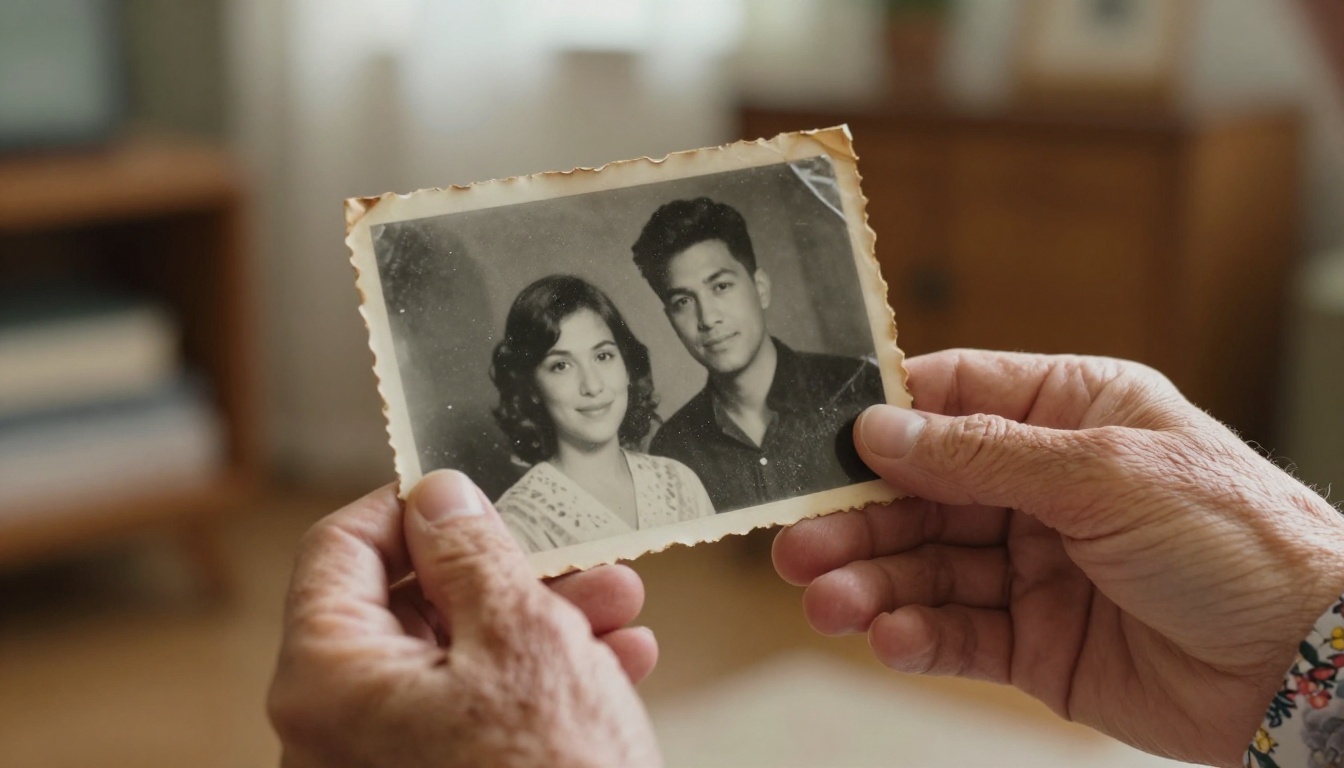 Elderly woman's hands holding a faded crinkled black-and-white photograph