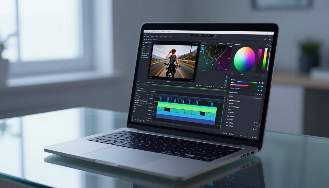 Laptop with video editing software showing timeline and color grading panels