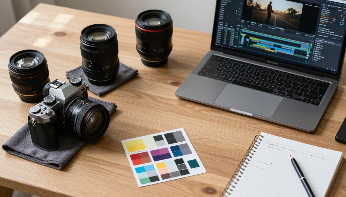 Aerial overhead flat lay of filmmaker's desk with camera, lenses, and editing tools