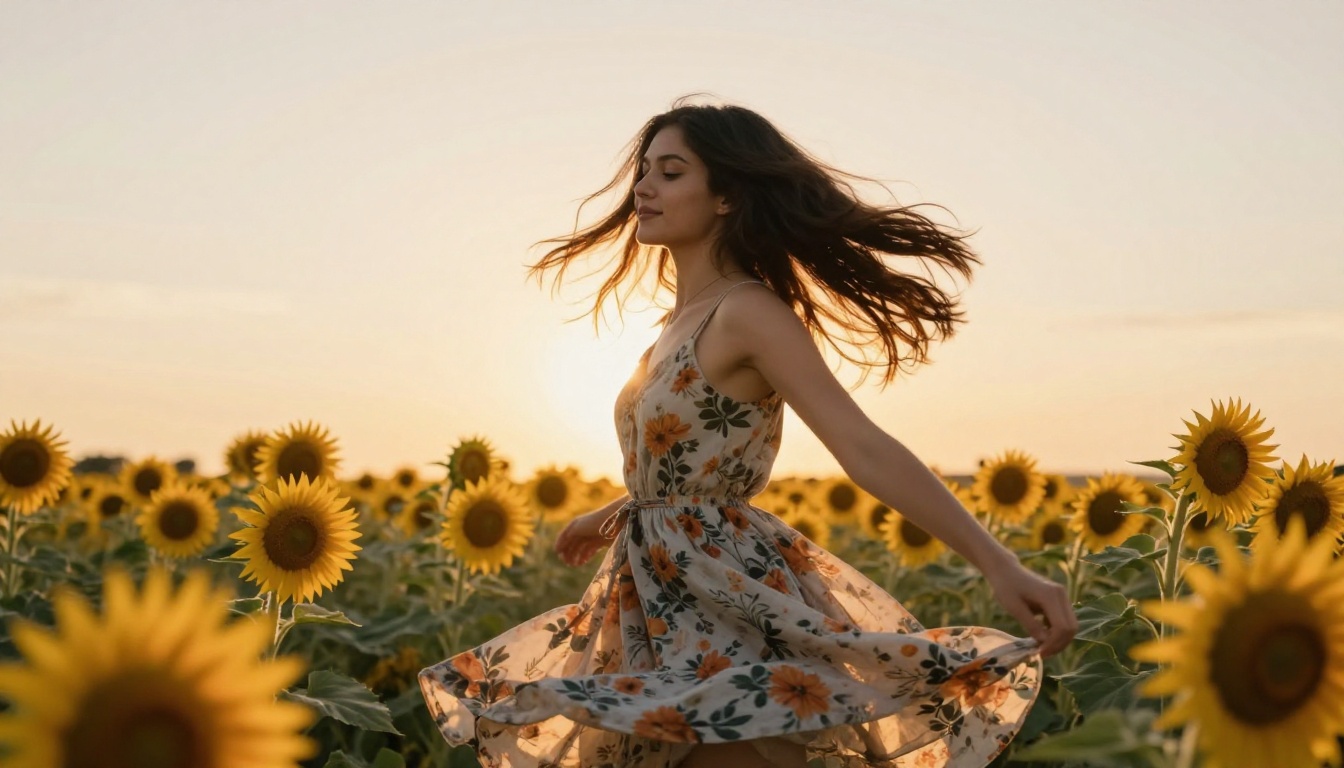 Woman dancing in a sunflower field during golden hour with natural motion blur on fabric
