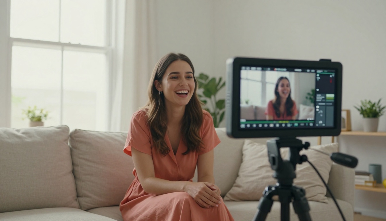 Young woman content creator recording in a bright apartment studio with AI color grading preview visible