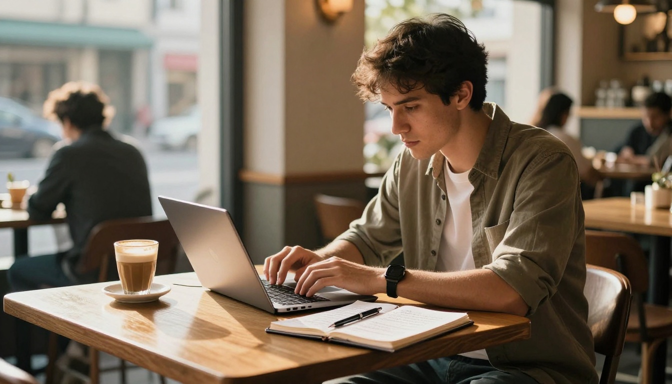 A man typing on a laptop in a warmly lit coffee shop with handwritten notes beside him