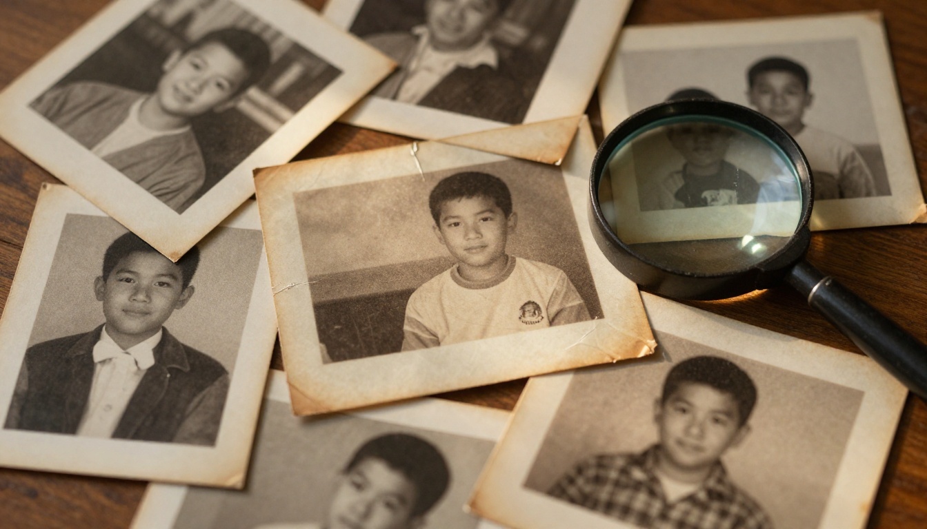 Overhead flat-lay of scattered vintage photo prints from multiple decades on a wooden desk