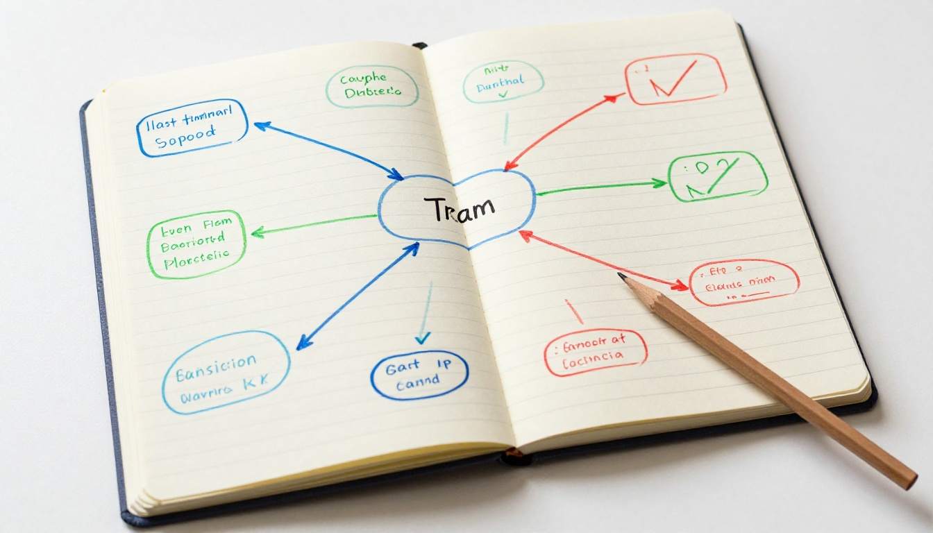 A hand-drawn mind map in a notebook with colored arrows connecting topic bubbles