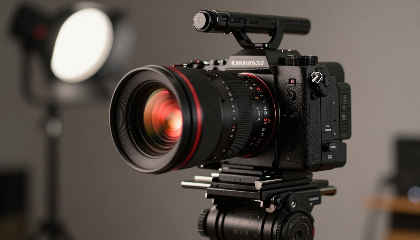 Professional cinema camera on a gimbal rig with dramatic Rembrandt lighting