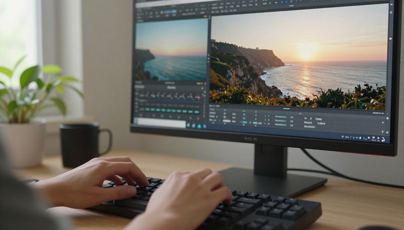 Split-screen before-and-after video comparison on a large 4K monitor