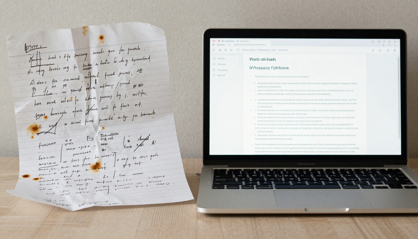 Side-by-side comparison of messy handwritten notes and a clean formatted article on a laptop screen