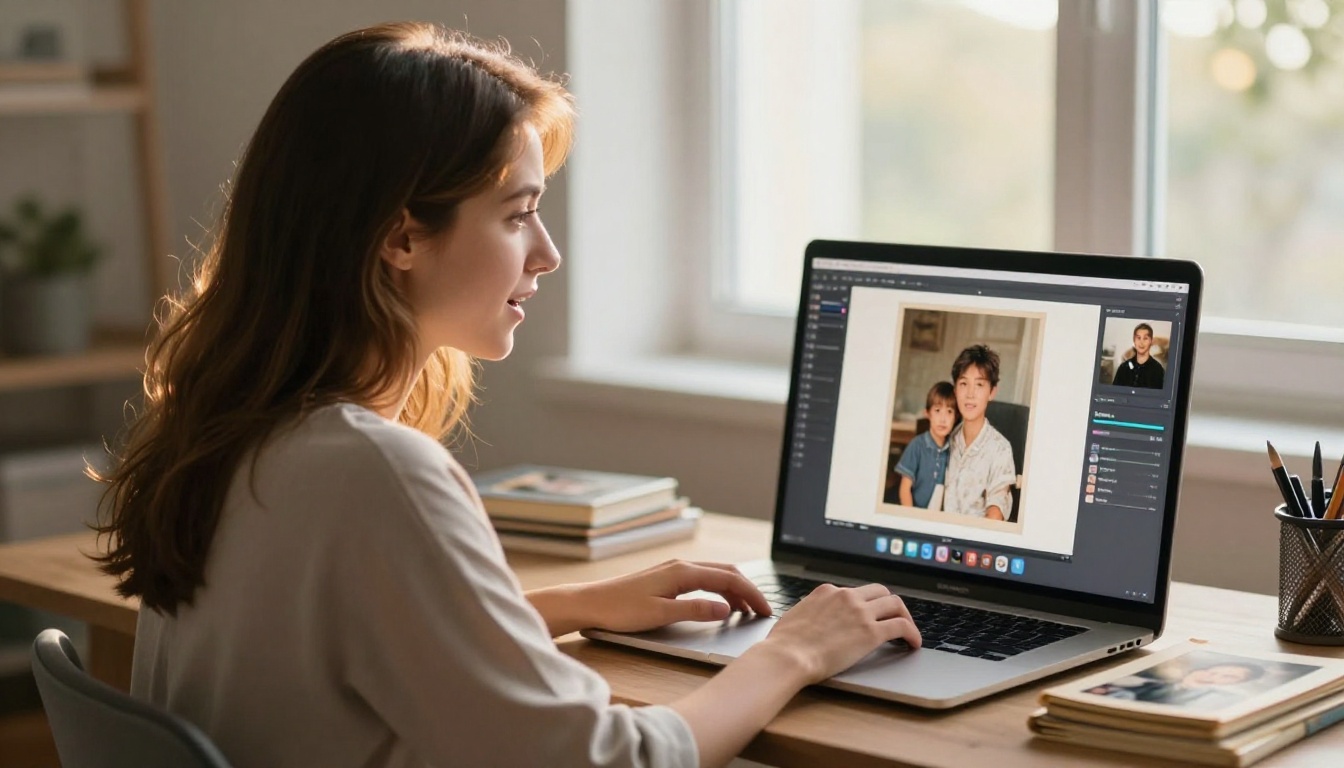 Young woman at a home office desk, face lit by laptop glow, viewing a restored family photo with visible emotion