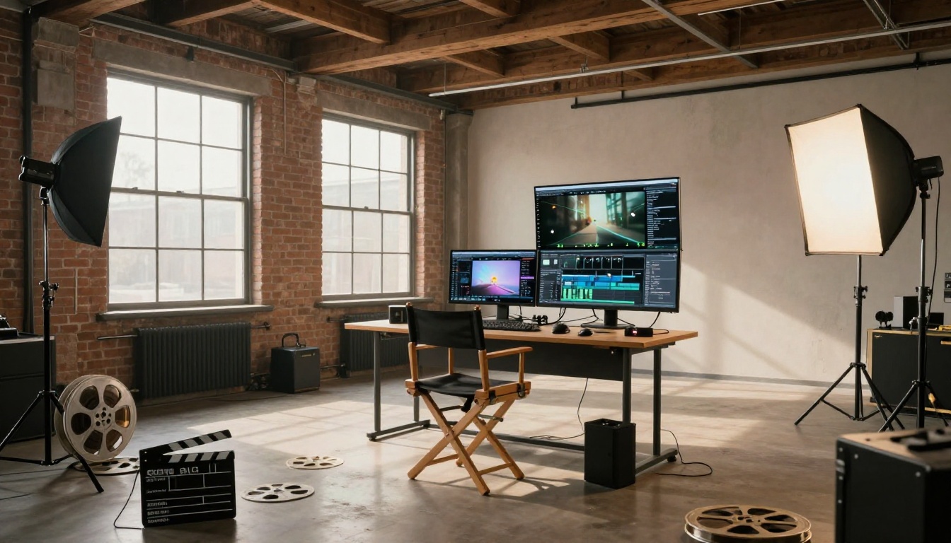 Modern video production studio interior with editing station, clapperboard, and studio lights