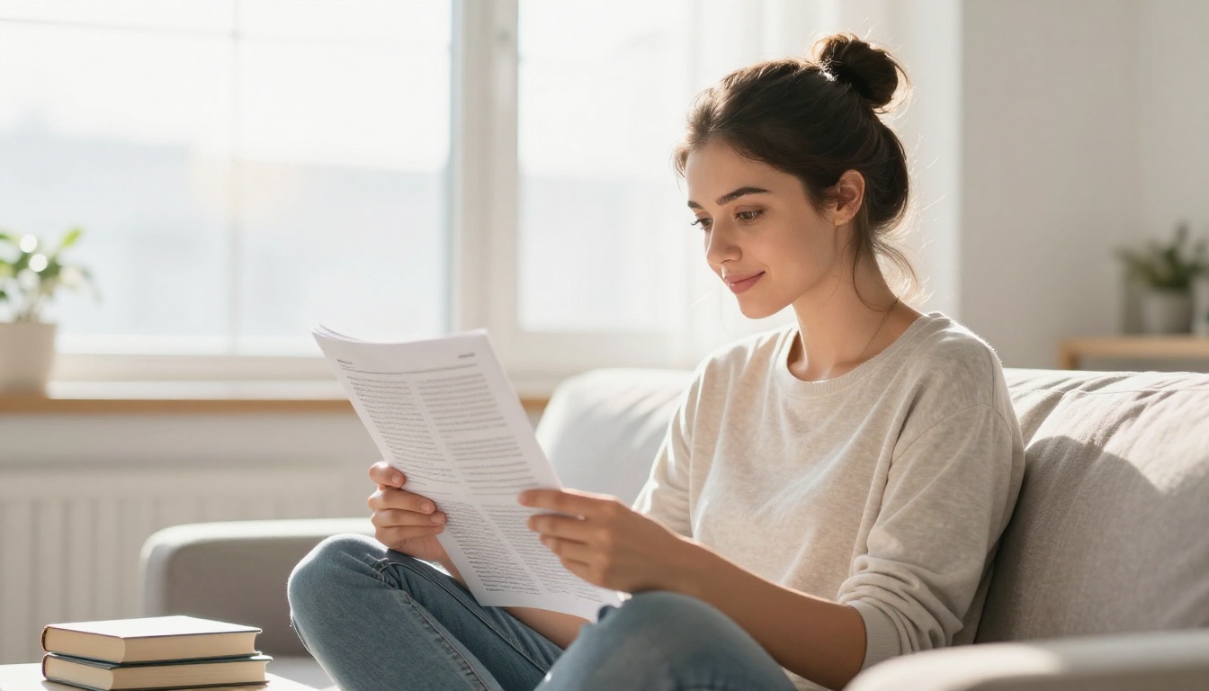 A young woman sitting on a couch reading a printed article with a satisfied expression