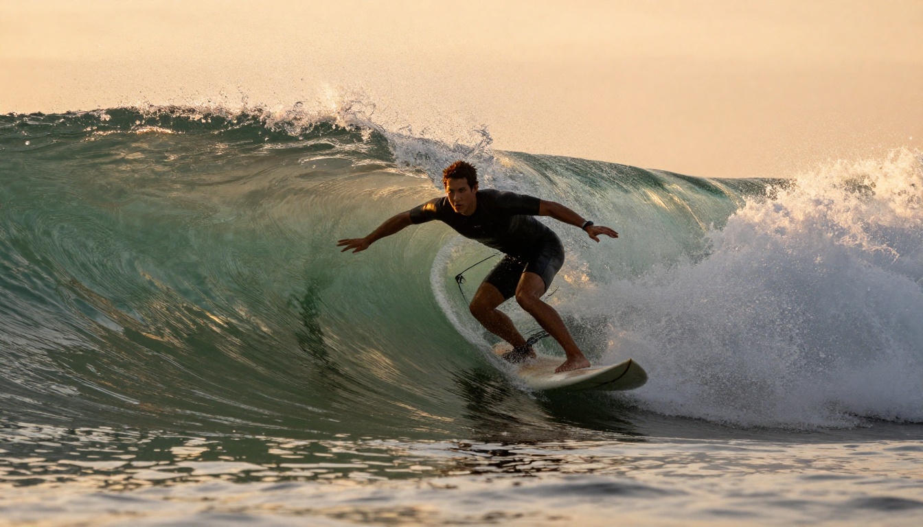 Male surfer riding a large ocean wave at sunset with water spray frozen mid-air