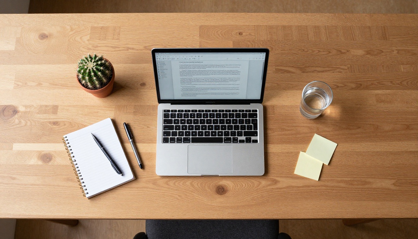 Aerial top-down view of a minimalist desk with a laptop, notebook, and coffee mug
