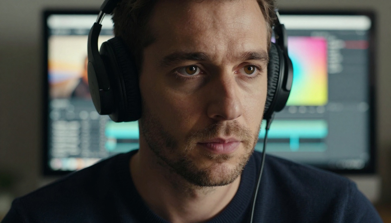 Close-up portrait of a focused man with headphones at a video editing workstation