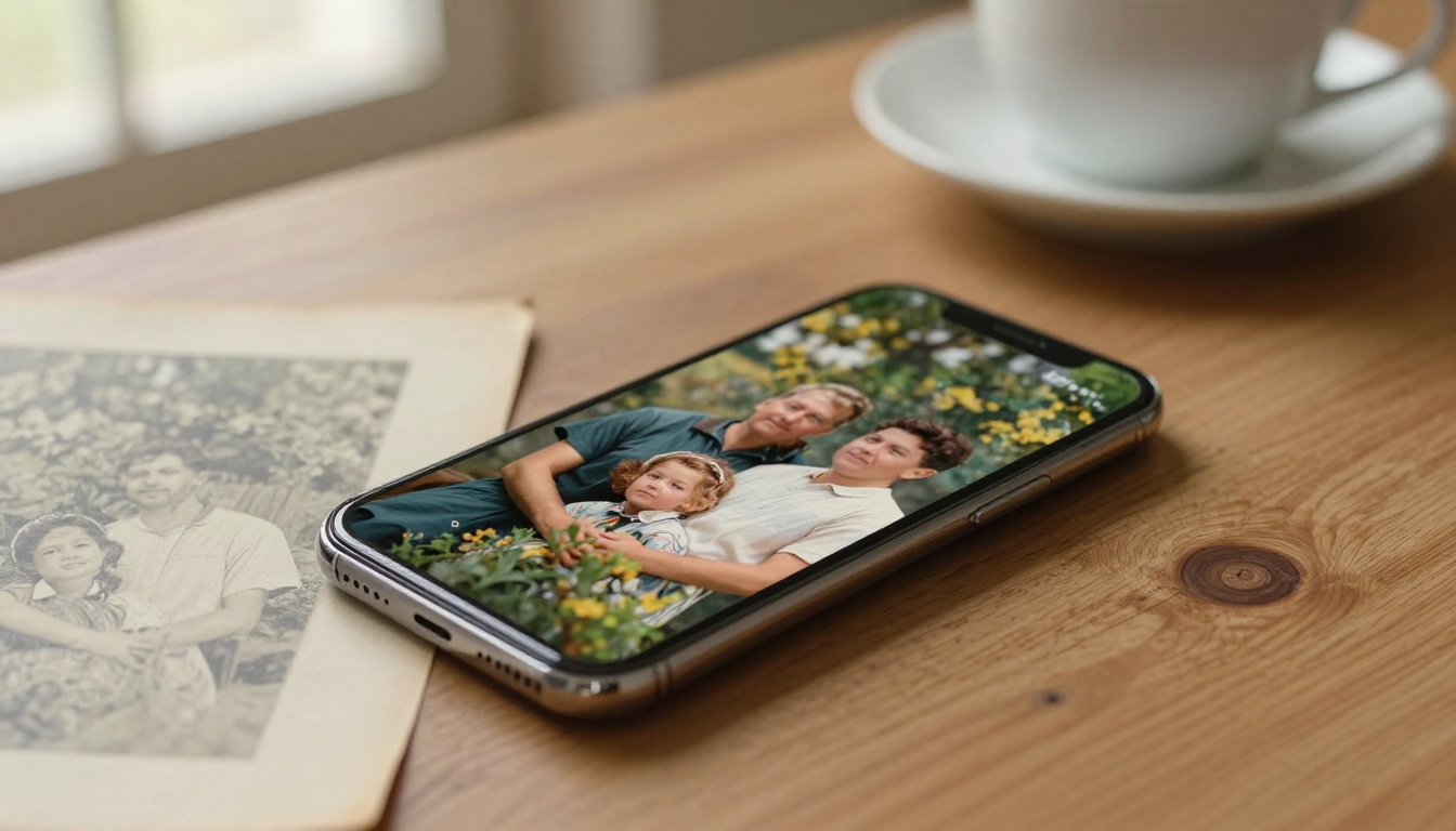 A modern smartphone on a wooden table displaying a beautifully restored vintage family portrait beside the original faded print