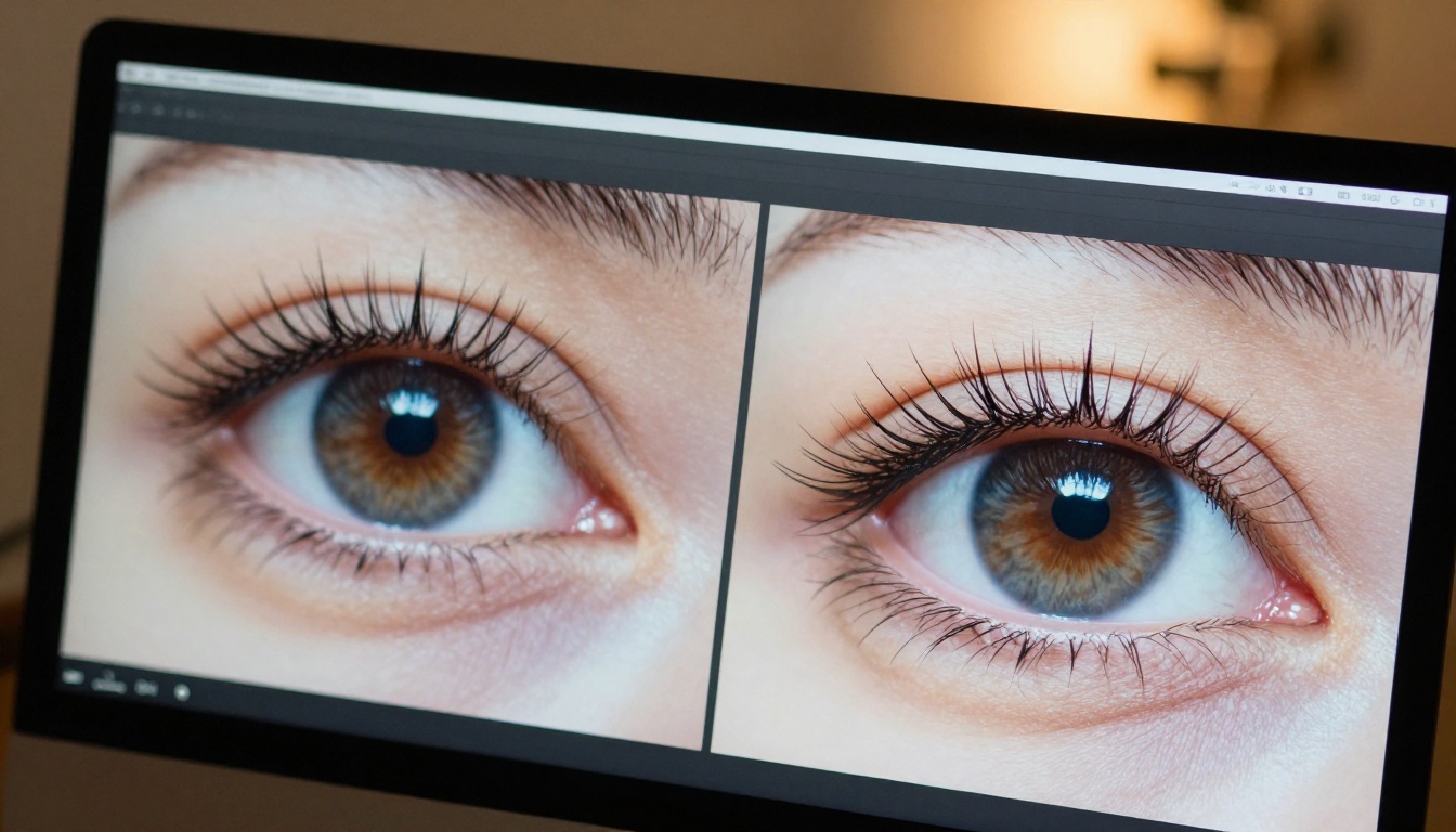 Before and after comparison on monitor showing pixelated vs high-resolution image