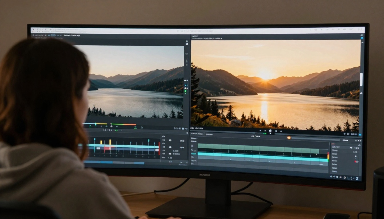 Over-the-shoulder view of before-and-after AI color grading on a large curved monitor