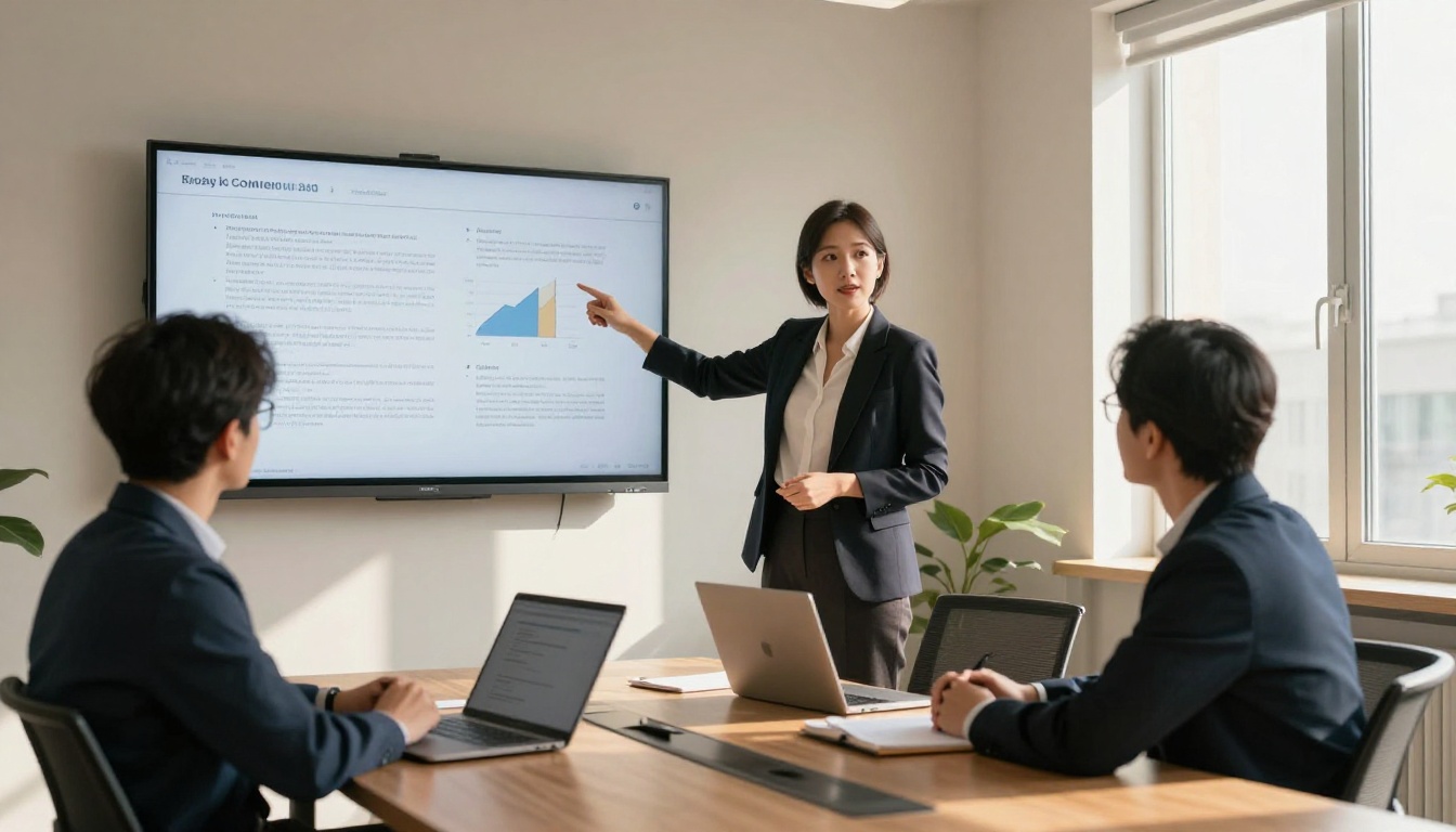 A woman presenting an article on a screen to two colleagues in a bright meeting room