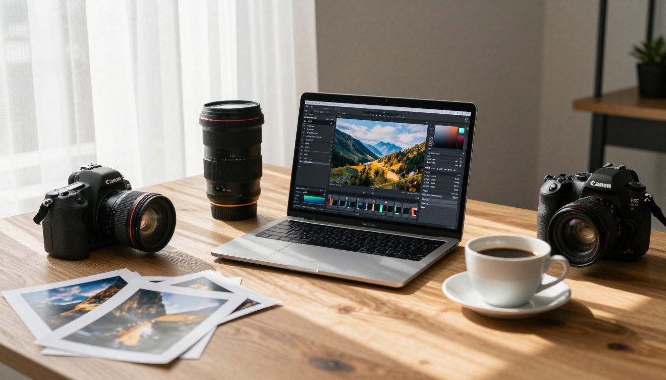 A creative professional's photography workspace with laptop, camera, and editing setup