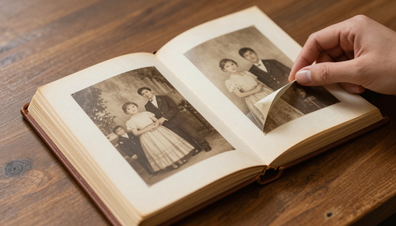 Open leather-bound family photo album with sepia portraits and a hand gently turning pages