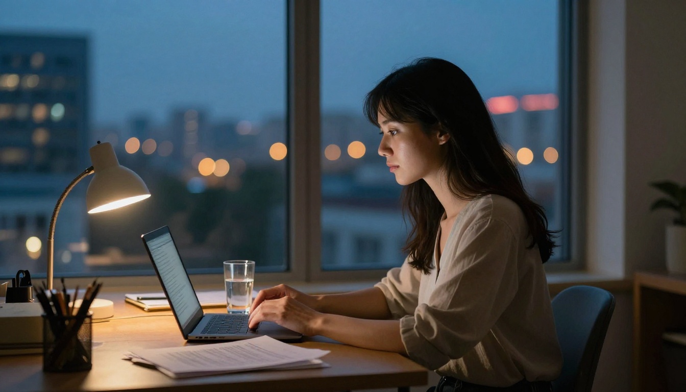 A woman working at her desk at dusk with city lights glowing softly through the window behind her