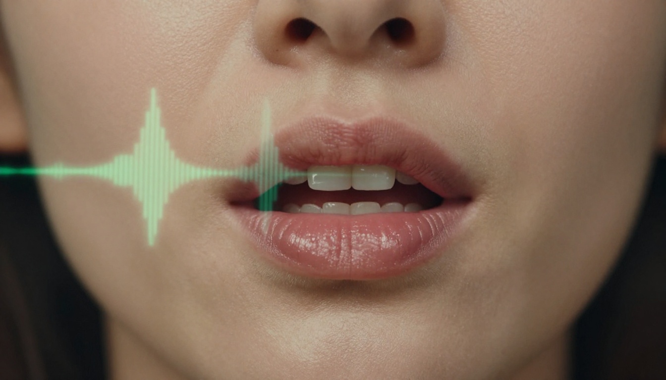 Lip synchronization close-up showing mouth movement aligned with audio waveform Lip synchronization close-up showing mouth movement aligned with audio waveform