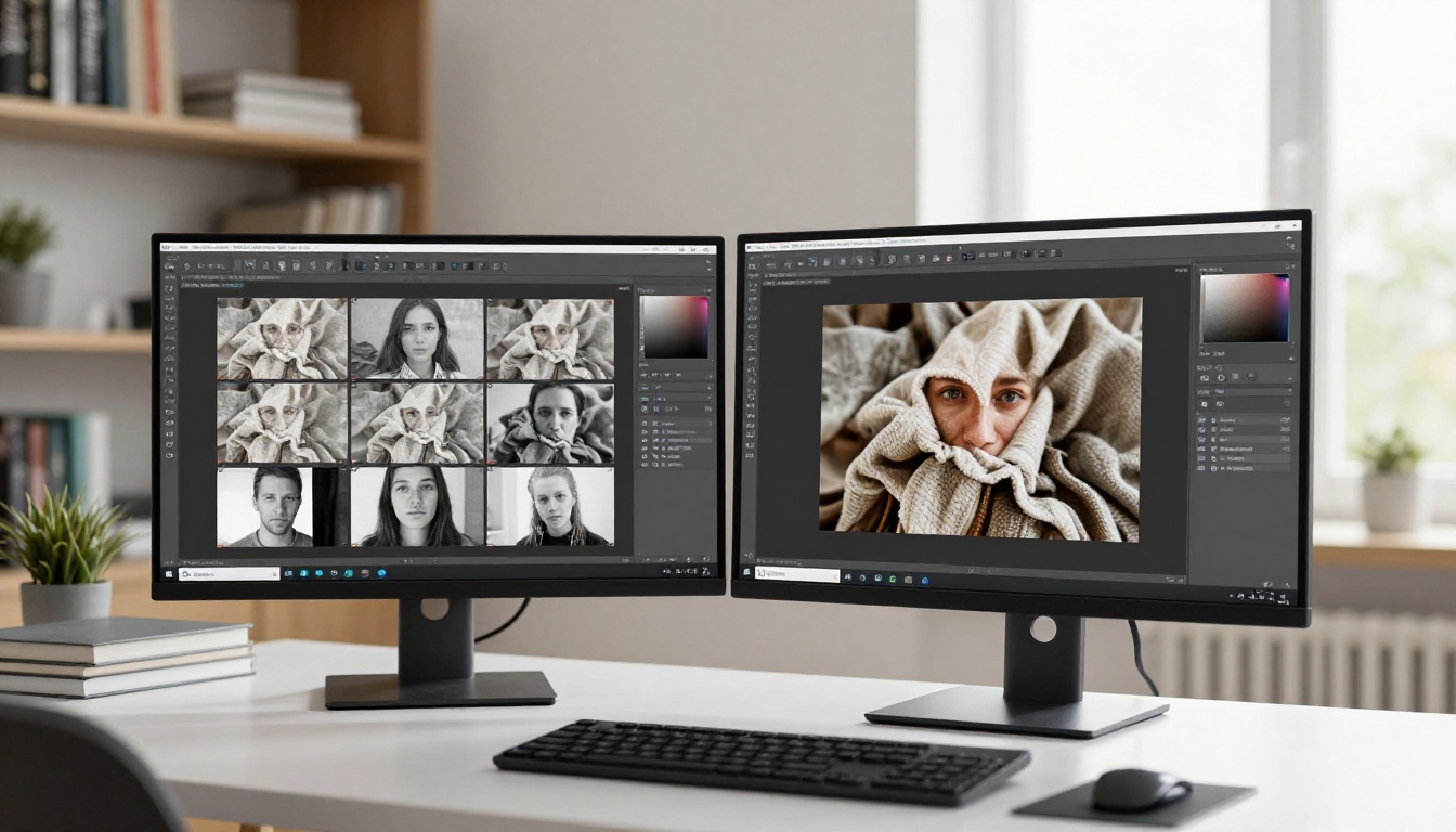 Dual-screen computer setup showing a professional photo restoration workflow with before and after