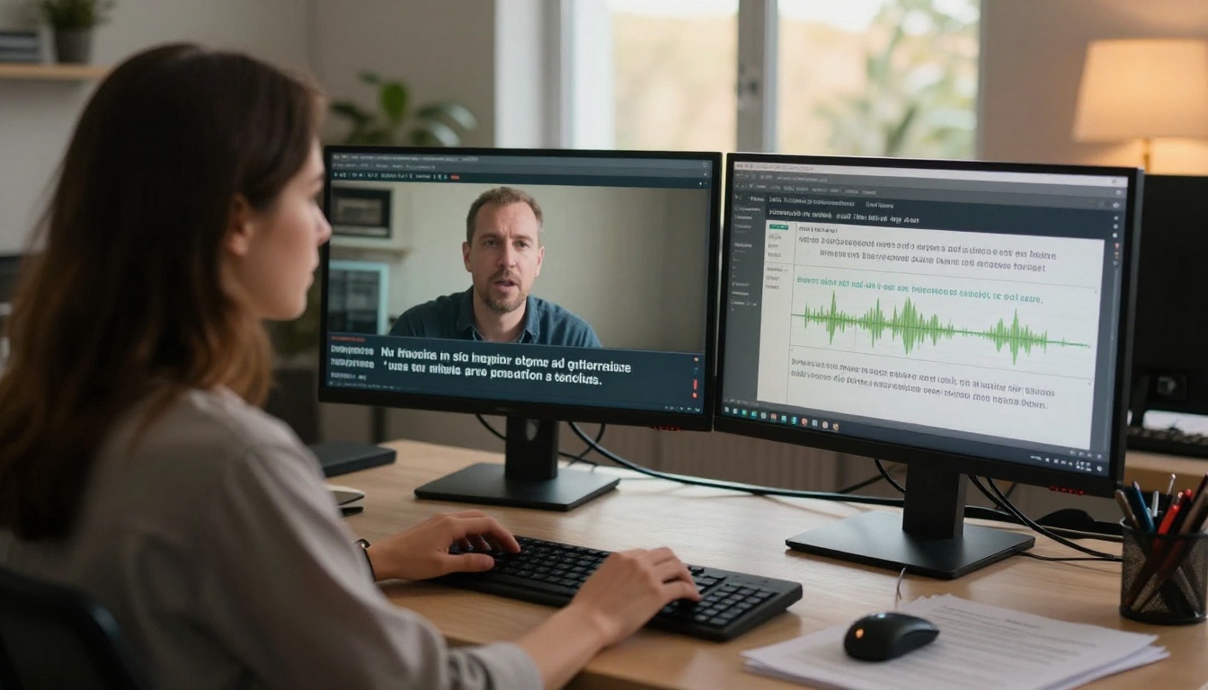 Video translator working at dual monitor setup aligning dubbed audio with video timeline Video translator working at dual monitor setup aligning dubbed audio with video timeline
