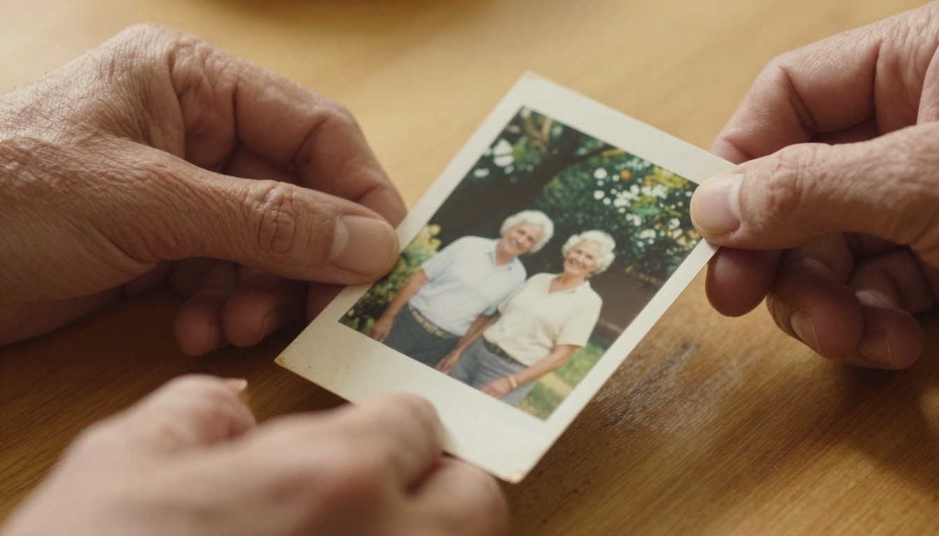 Aged hands holding a blurry vintage photograph over a wooden table, warm window light
