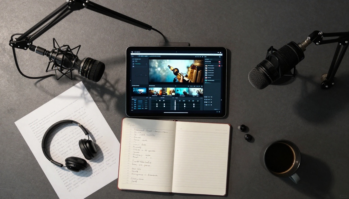 Filmmaker's workspace flat lay with dubbing interface tablet, microphone, and script notes Filmmaker's workspace flat lay with dubbing interface tablet, microphone, and script notes