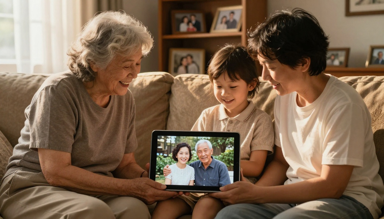 Elderly couple and grandchild sitting together on a sofa viewing a restored family photo on a tablet with emotional expressions of joy