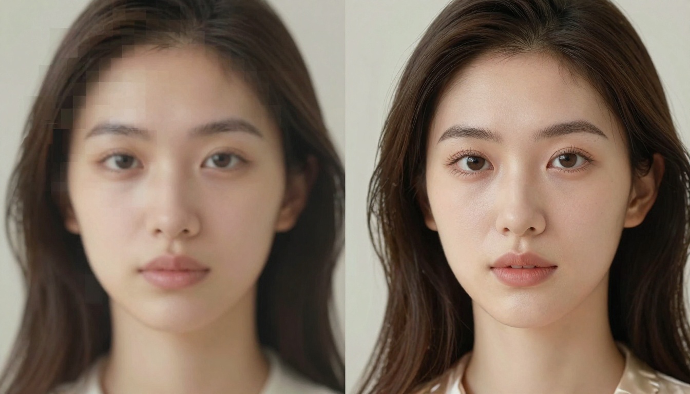 Split portrait showing blurry pixelated left half versus crystal-sharp right half demonstrating AI restoration