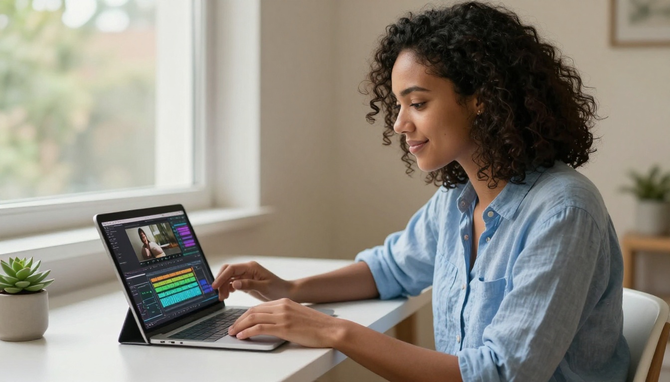 Woman reviewing video editing interface with audio waveform on tablet Woman reviewing video editing interface with audio waveform on tablet