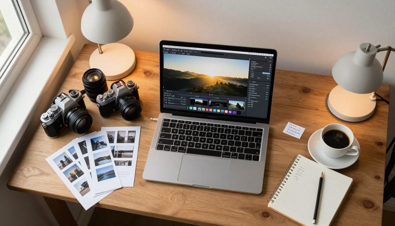Aerial top-down view of a photographer's desk with laptop, vintage lenses, contact sheets, and coffee