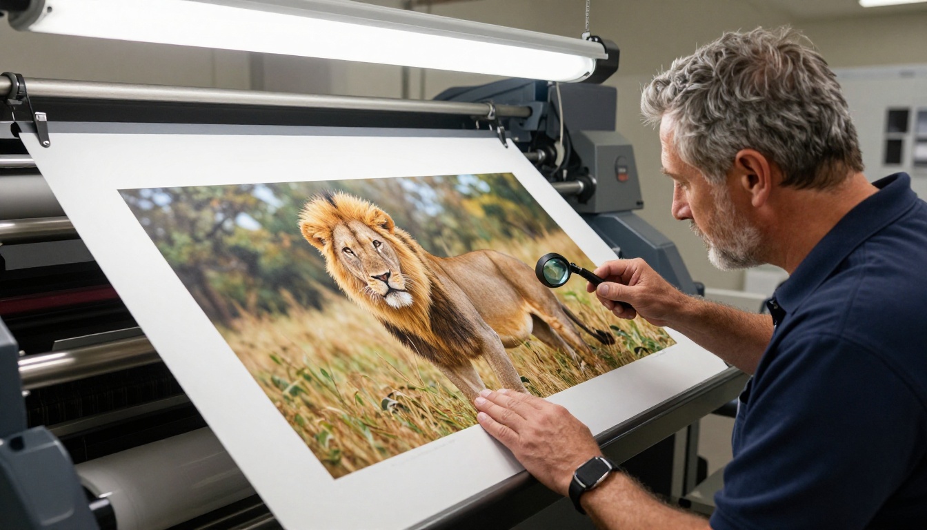 Print technician examining large format wildlife photograph with a loupe