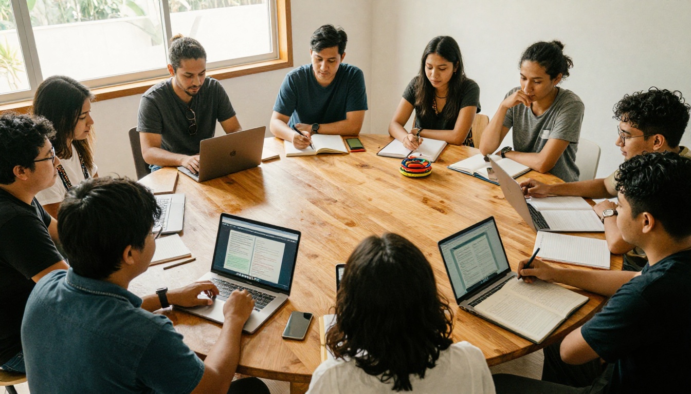 Diverse group of multilingual content creators working around a shared table