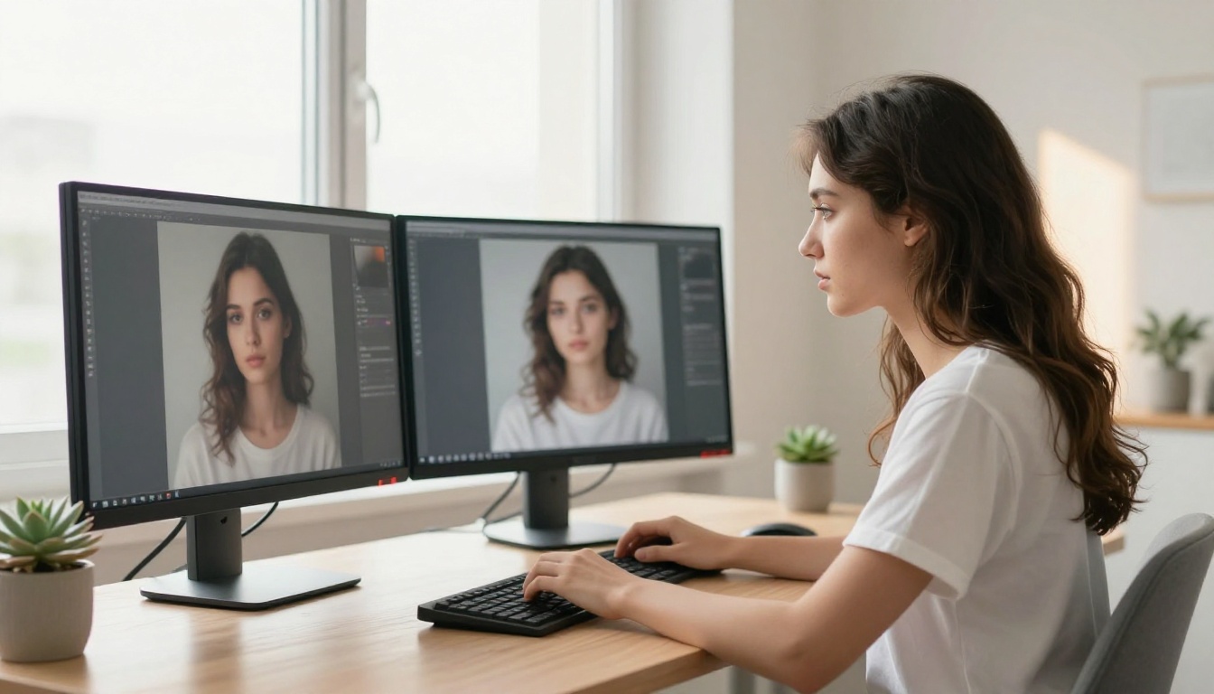 Young woman at a dual-monitor desk setup comparing blurry and sharp portrait restoration side by side
