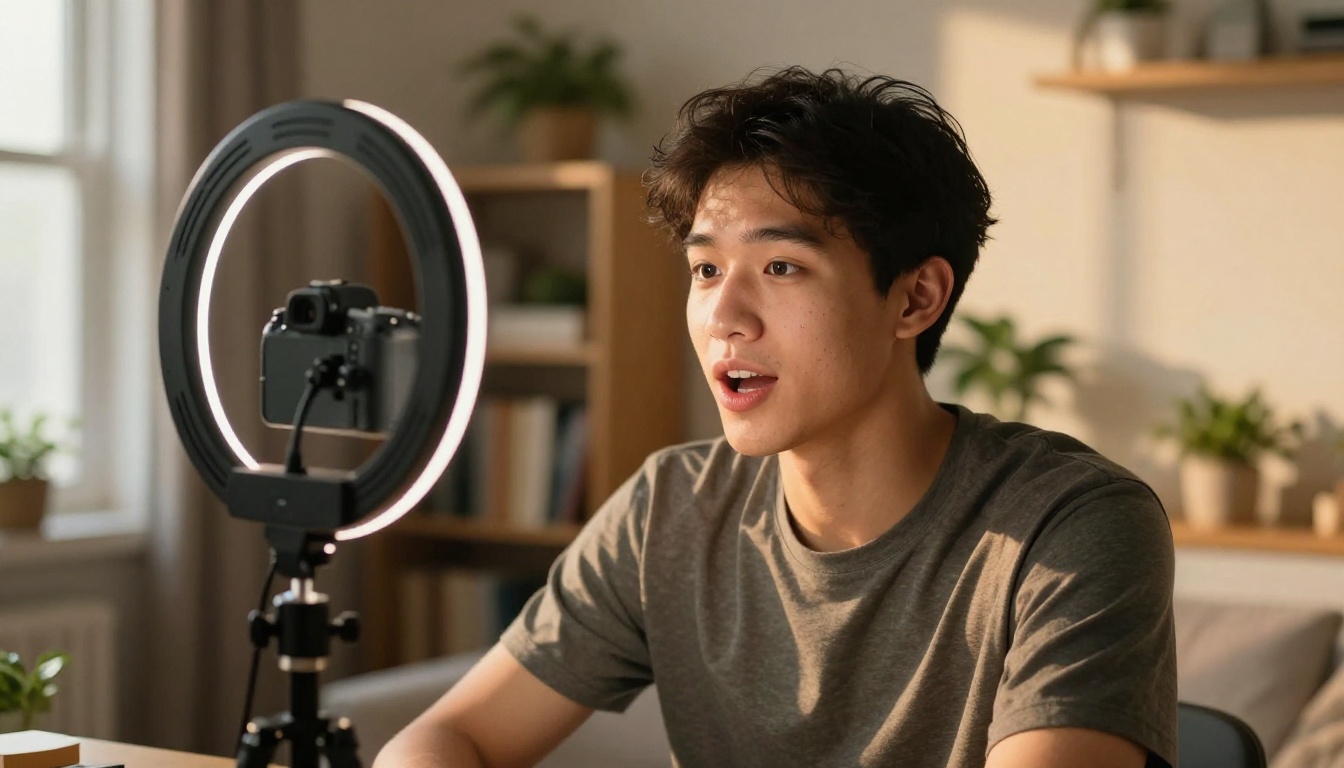YouTuber filming dubbing content in apartment setup with ring light and DSLR on tripod