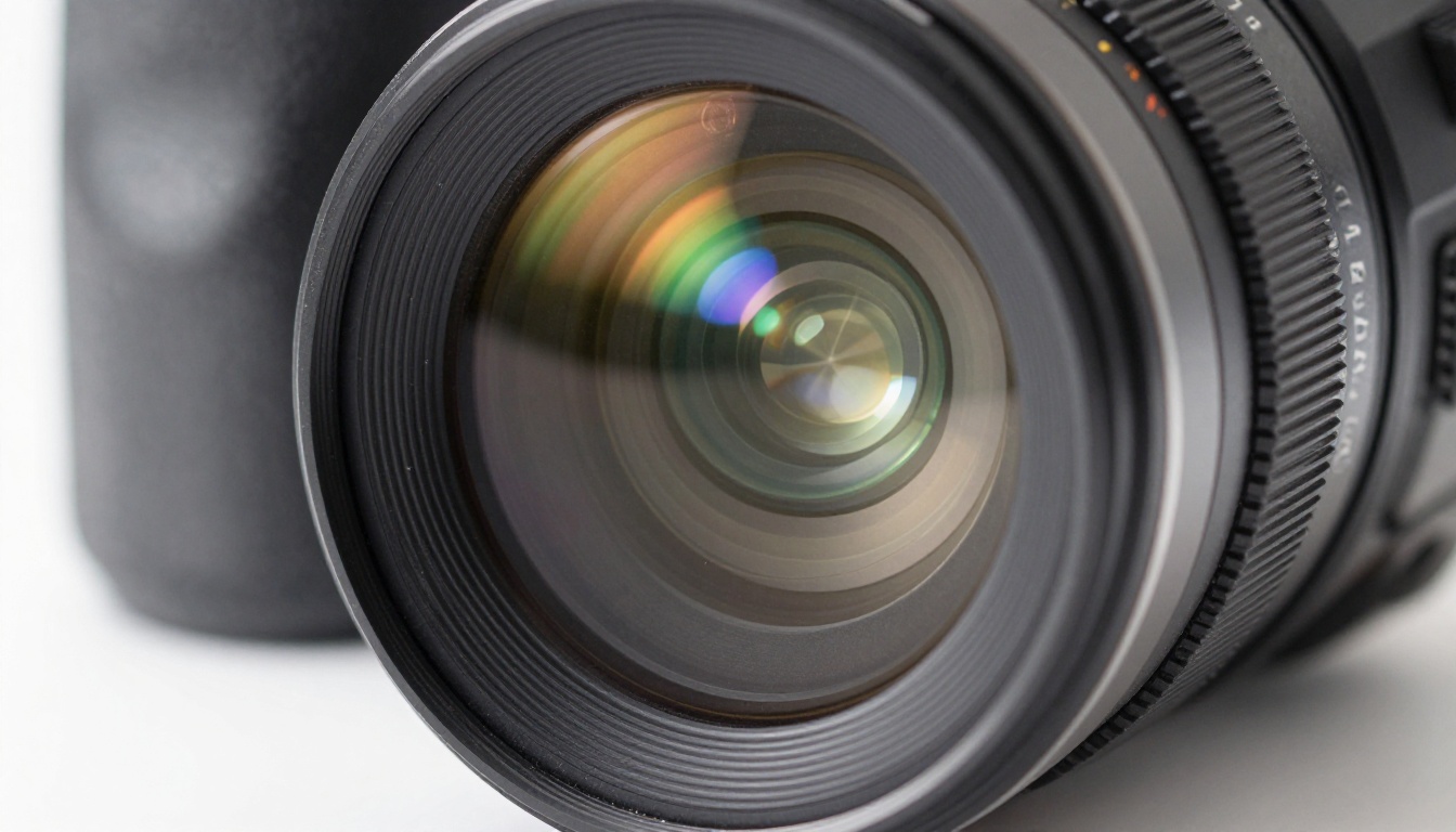 Macro close-up of a professional camera lens element with prismatic light refracting through optical glass