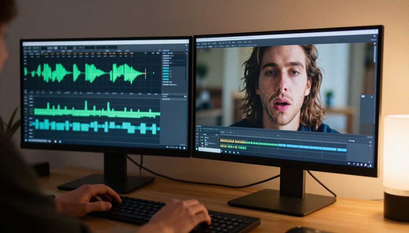 Professional video editor workstation with waveform analysis and face sync interface on dual monitors