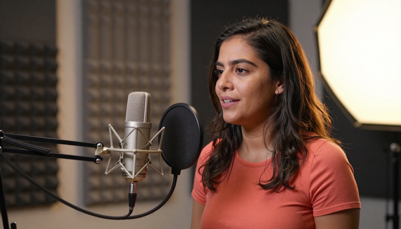 Latina woman recording voice in a professional acoustic podcast studio Latina woman recording voice in a professional acoustic podcast studio