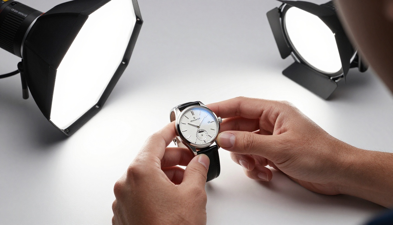 Product photographer arranging luxury watch on seamless background in professional studio