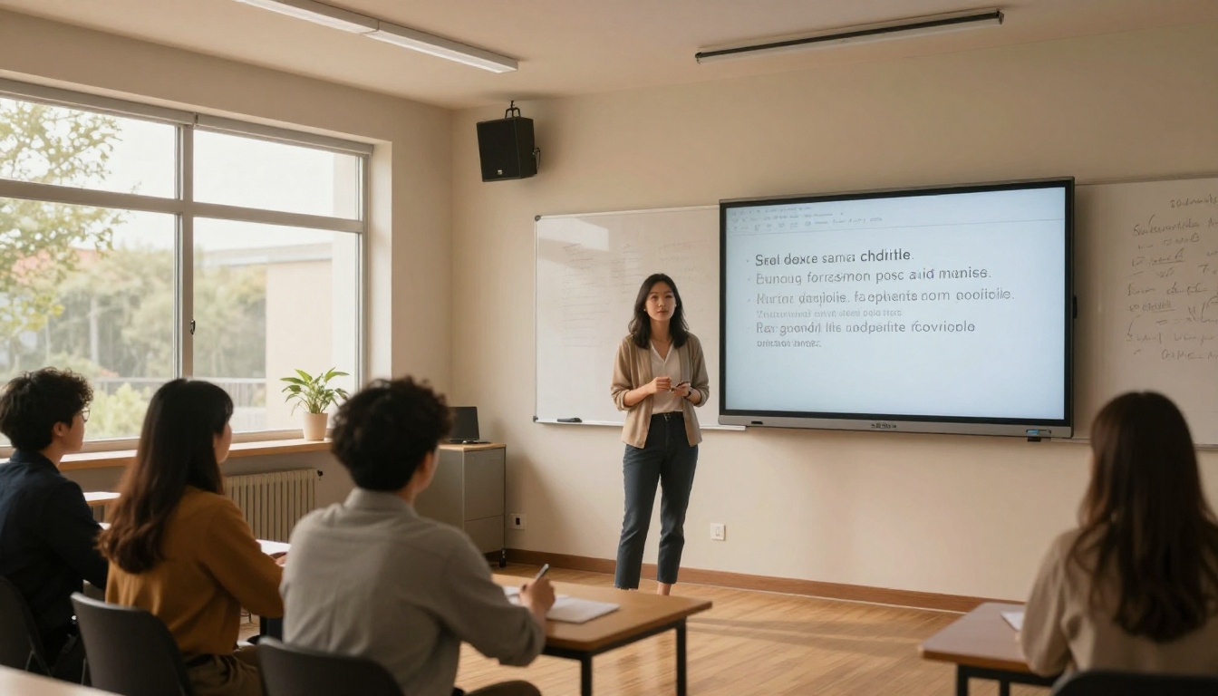 Multilingual online education presenter in studio with whiteboard and subtitle monitor