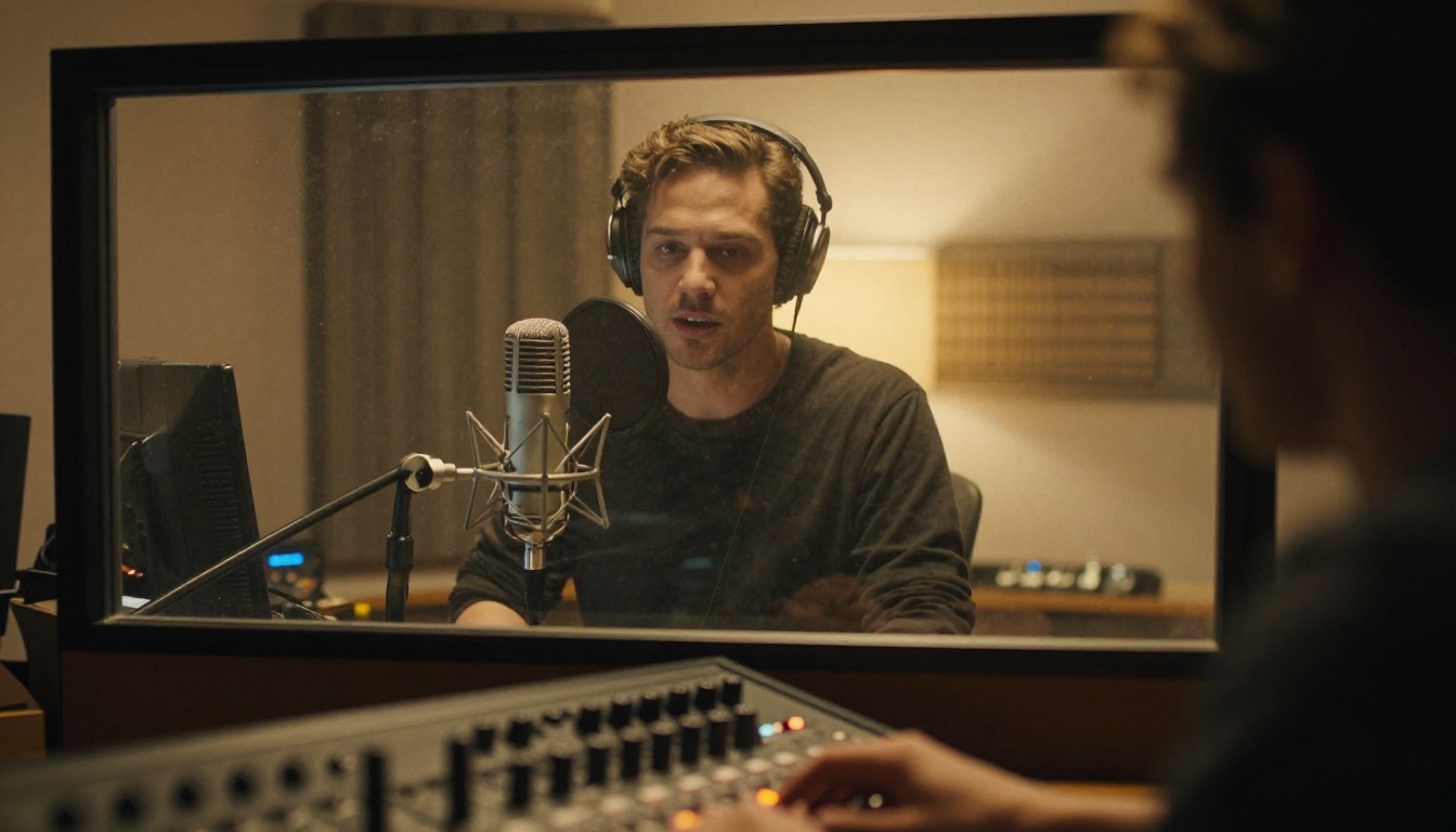 Professional dubbing studio with voice actor behind glass partition and mixing engineer in foreground